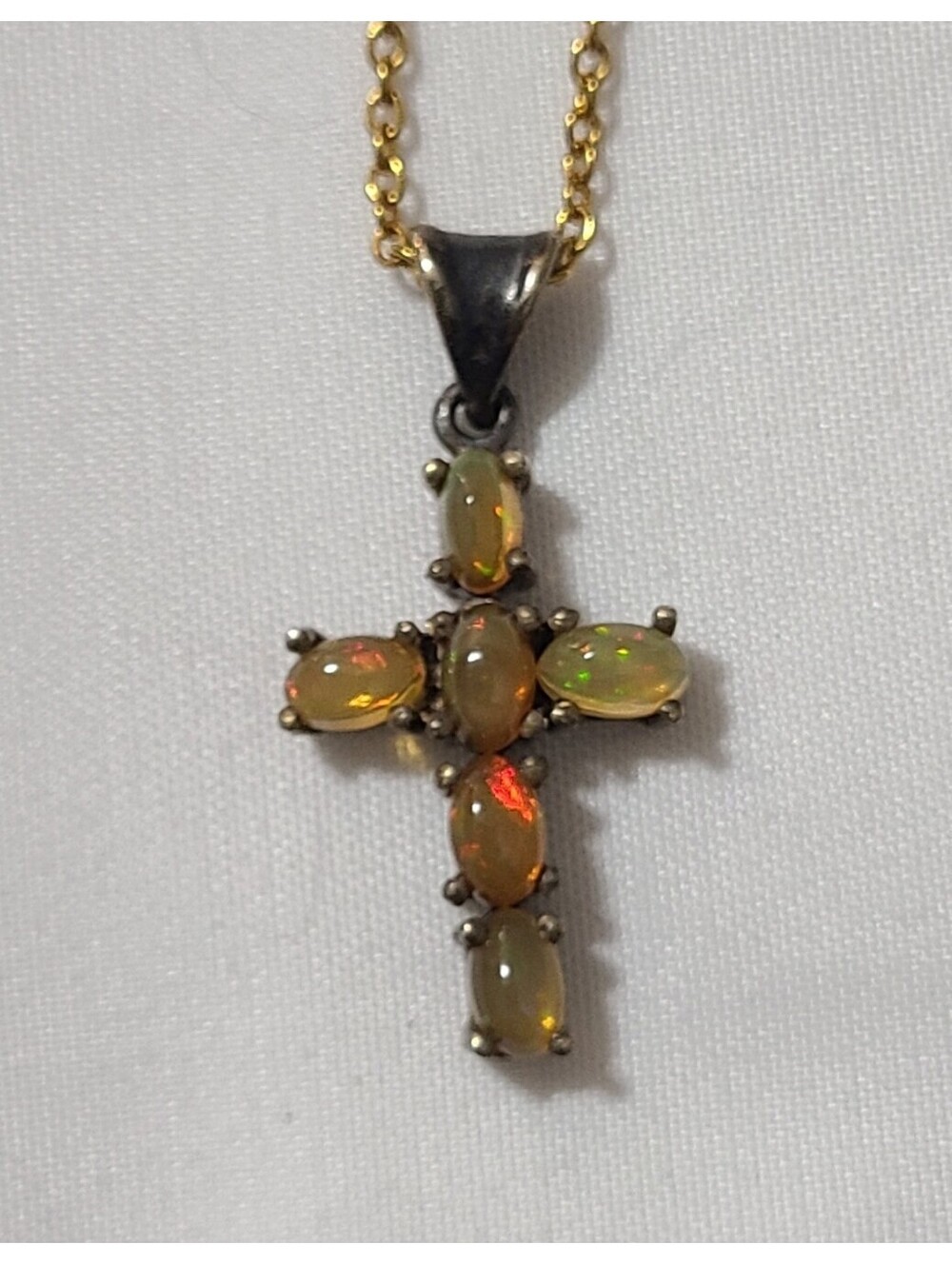 Ethiopian Fire Natural Opal Cross Necklace Sterling Silver Cross Birthstone Vtg